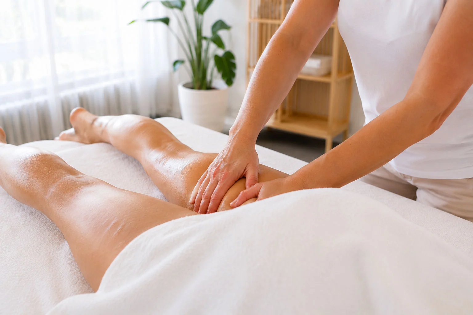 Sanfte manuelle Lymphdrainage am Bein in unserer Praxis